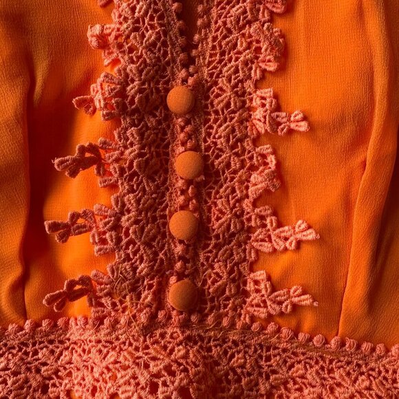 Vintage 1970s Orange Boho Prairie Dress Lace Keyhole Neck – Size S - Picture 6 of 16